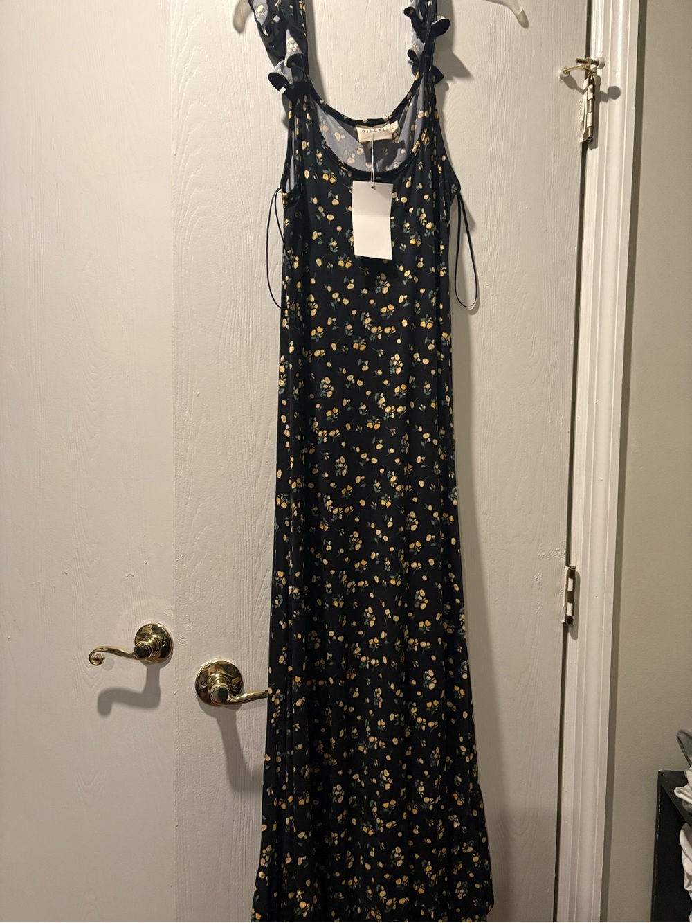 Black Maxi Dress with Yellow Floral Print and Ruffles Shoulder Straps